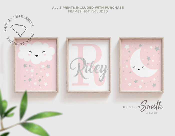 Pink and silver girls nursery decor, nursery pink silver customized monogram, pink gray cloud moon stars, baby girl nursery silver sparkles