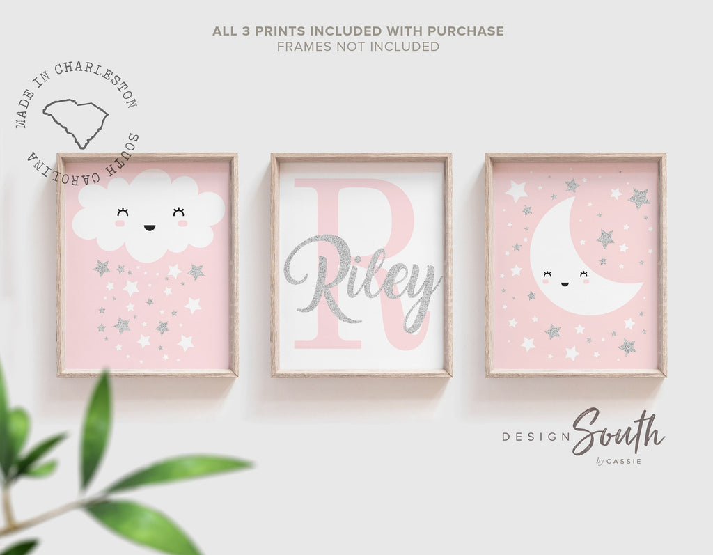 Pink and silver girls nursery decor, nursery pink silver customized monogram, pink gray cloud moon stars, baby girl nursery silver sparkles