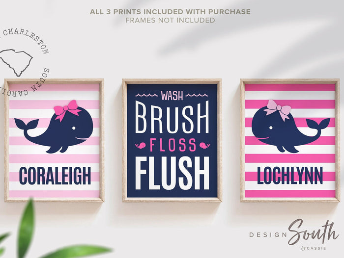 Sister bathroom decor, pink and navy girls bathroom, pink navy blue whale decor, pink whale bathroom, newborn bathroom decor for girls names
