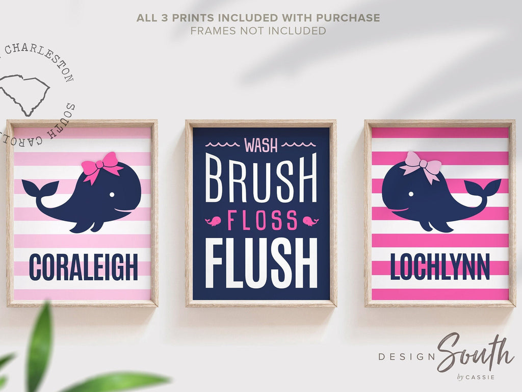 Sister bathroom decor, pink and navy girls bathroom, pink navy blue whale decor, pink whale bathroom, newborn bathroom decor for girls names