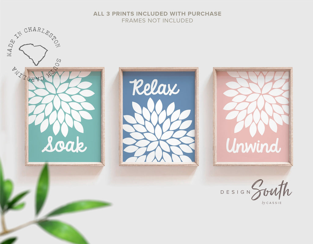 Bathroom decor for girls, adult bathroom decor, soak, relax, unwind, pink blue and teal bathroom decor, bathroom wall art prints for girls