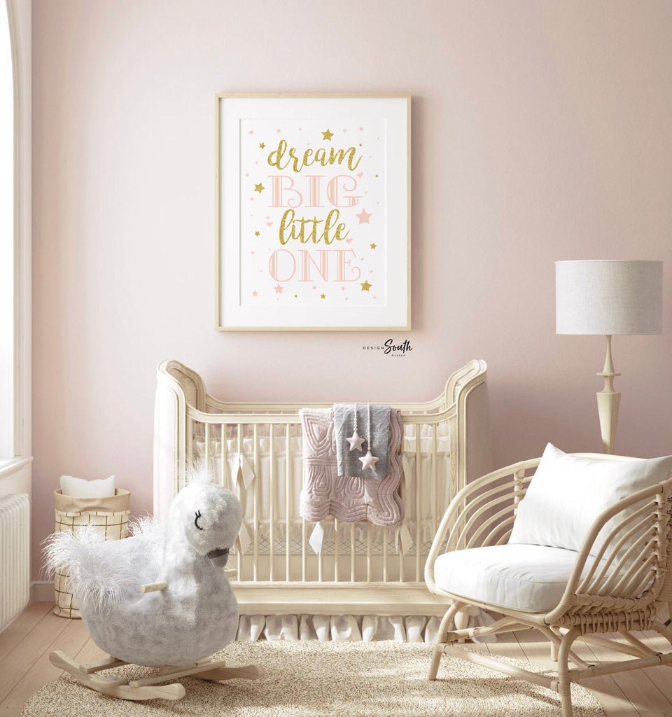 Gold sparkle nursery wall art, personalized decor girls name art, gold star cloud moon dream big, peach gold nursery decor baby shower gift
