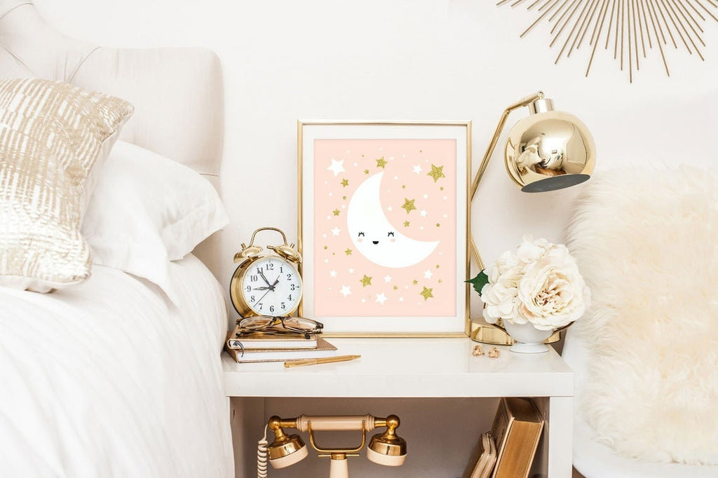 Gold sparkle nursery wall art, personalized decor girls name art, gold star cloud moon dream big, peach gold nursery decor baby shower gift