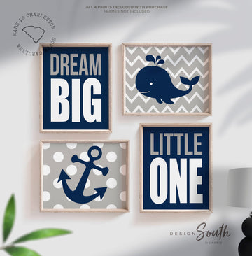 Whale nursery, whale nursery decor, dream big little one nautical decor, newborn boy nursery wall art, whale anchor art, navy gray nautical