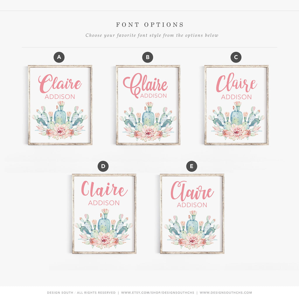 Floral monogram name, baby nursery, custom name, personalized bedroom wall decoration, floral cactus pink succulents, baby girl pink nursery