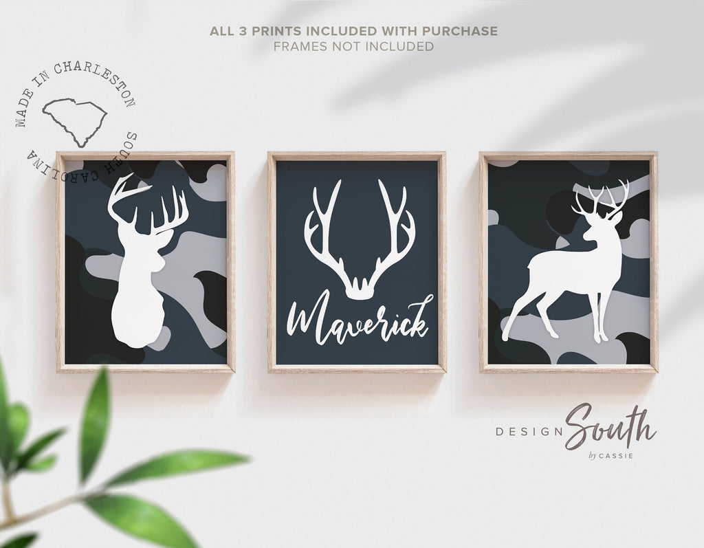 Nursery wall decor, deer print, buck deer, navy blue and gray art, wall art for playroom, deer art for child's bedroom personalized name kid