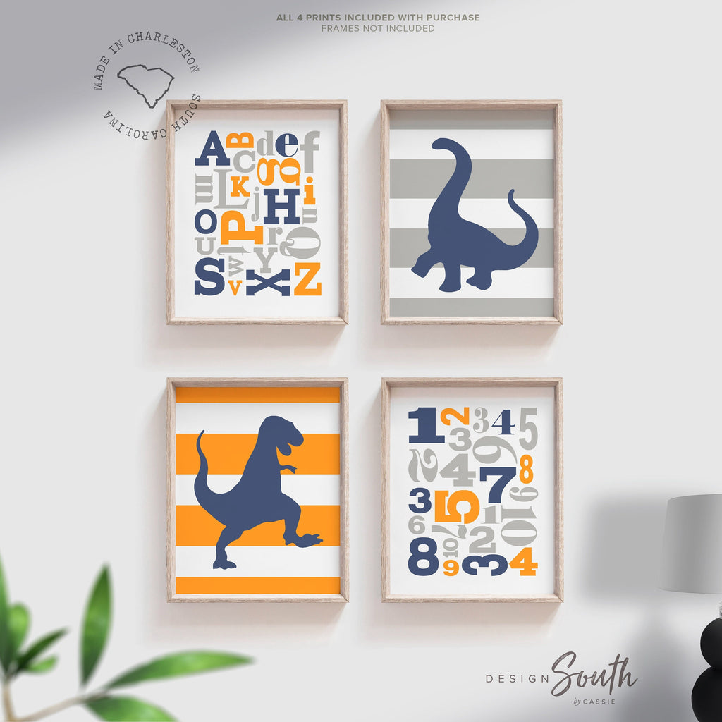 Dinosaur nursery decor orange and navy blue, kids prints, dinosaur wall art, dinosaur kids abc gift, orange and blue wall art boy, abc 123