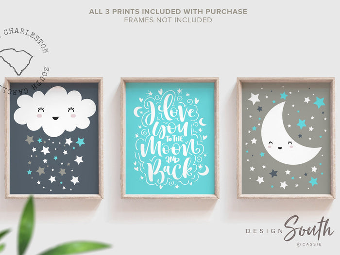 Aqua navy gray boys nursery wall art, cloud moon and star celestial theme boy decor, star baby boy art, nursery wall pictures blue gray star