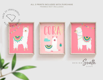 Girls pink nursery decor, pink llama theme wall art prints, girls personalized name, baby shower llama gift for girl, llama bedroom decor