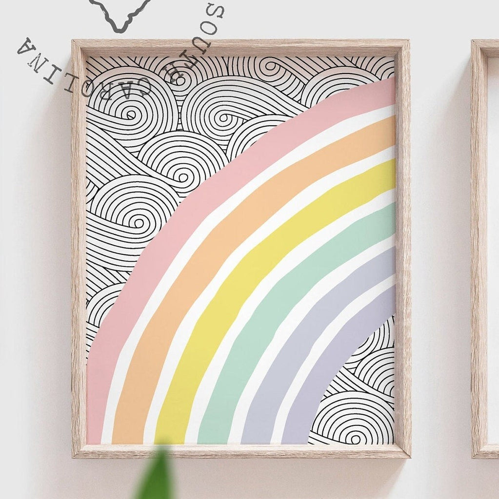 Girl nursery prints, pastel purple pink yellow blue wall art, nursery prints pastel rainbow waves wall art, girl name monogram nursery decor