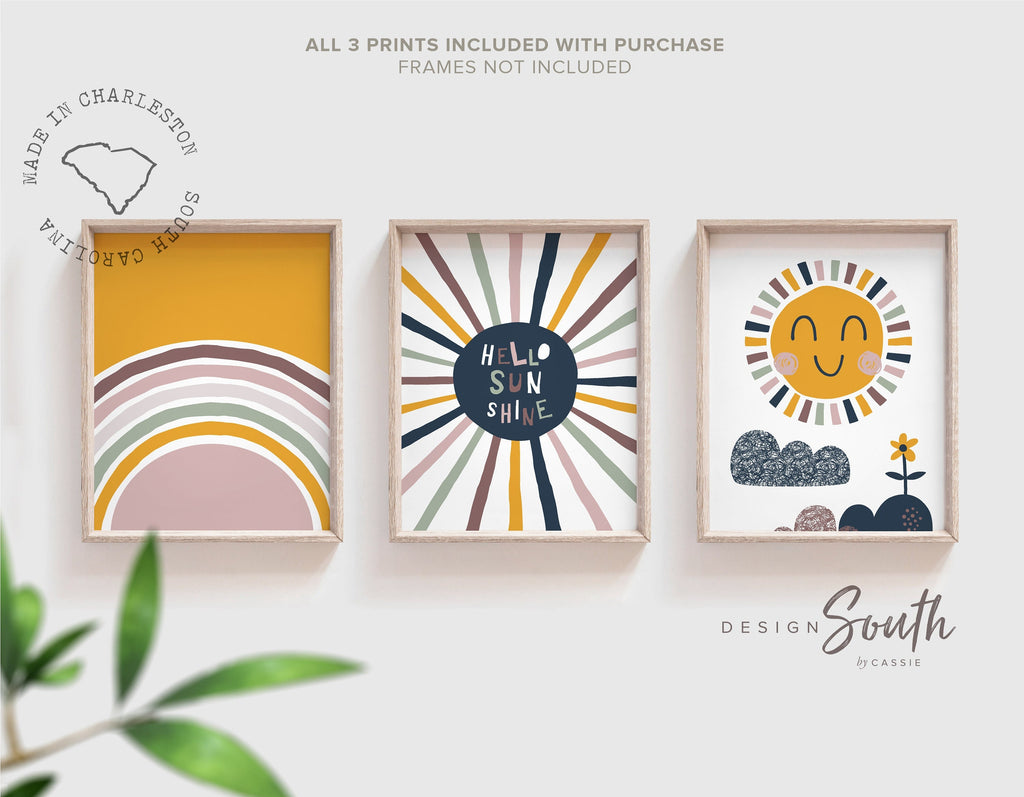 Sunshine nursery wall art, hello sunshine sun rays clouds rainbow neutral colors, gender neutral baby room wall art, unisex themes room idea