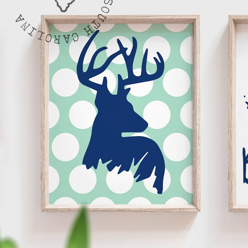Navy mint deer nursery art wall decor, boys deer mint and navy blue, deer baby, deer decor, deer nursery, deer wall art, woodland deer boys