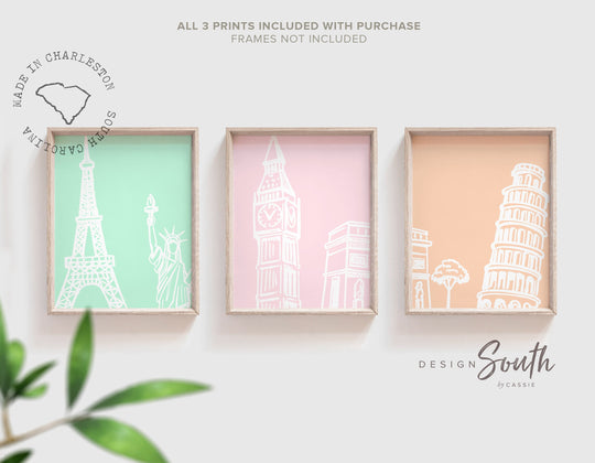 Pastel travel themed baby girl art, paris london new york landmarks wall art, leaning tower of pisa, paris eiffel tower art, travel nursery
