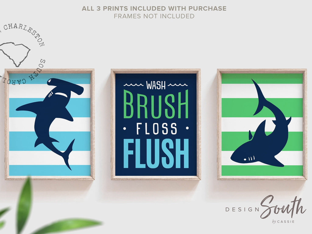 Boys bathroom decor, boys shark bathroom, blue green bathroom decor, wash brush, great white shark, bathroom prints boy, sharks, shark theme