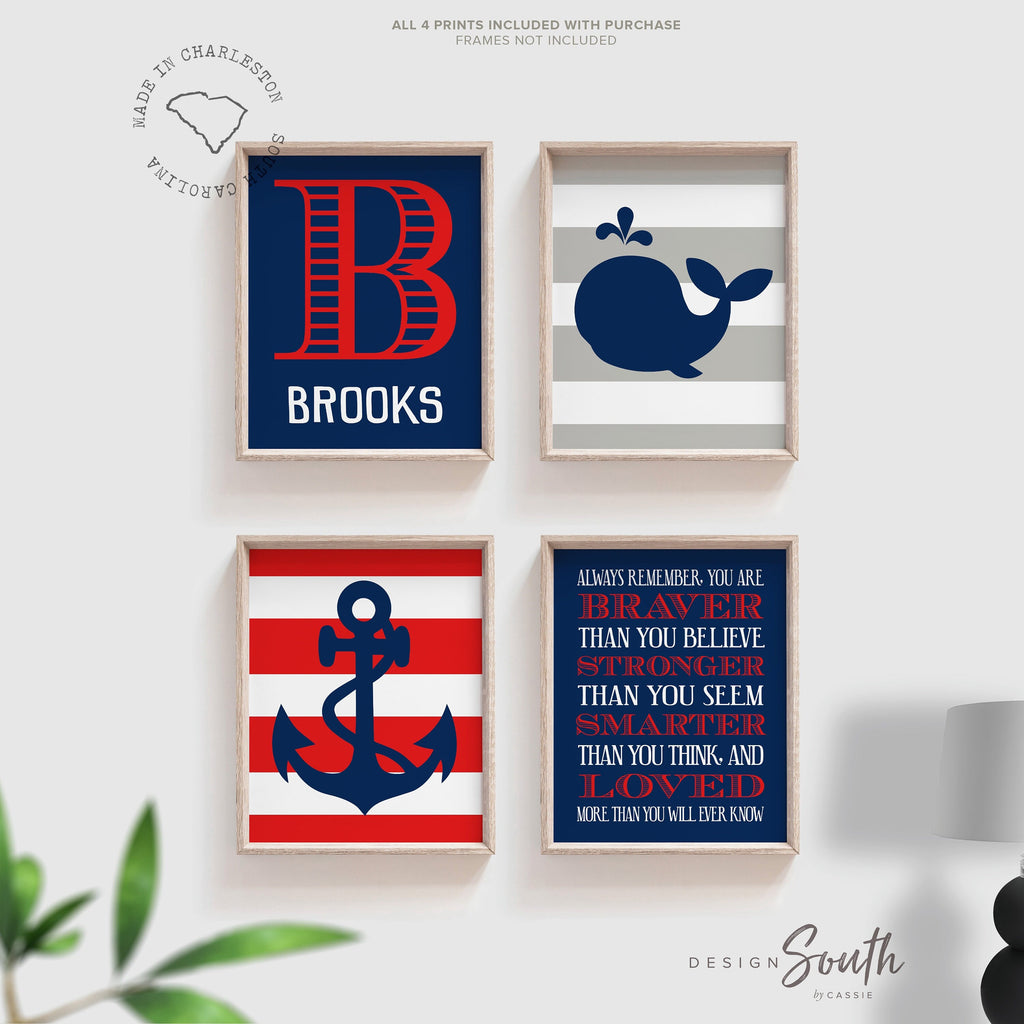 Nautical nursery decor red navy blue gray, anchor whale baby boy nursery art, nautical theme toddler, stripes gray navy blue, boys name art