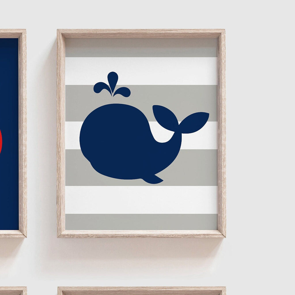 Nautical nursery decor red navy blue gray, anchor whale baby boy nursery art, nautical theme toddler, stripes gray navy blue, boys name art