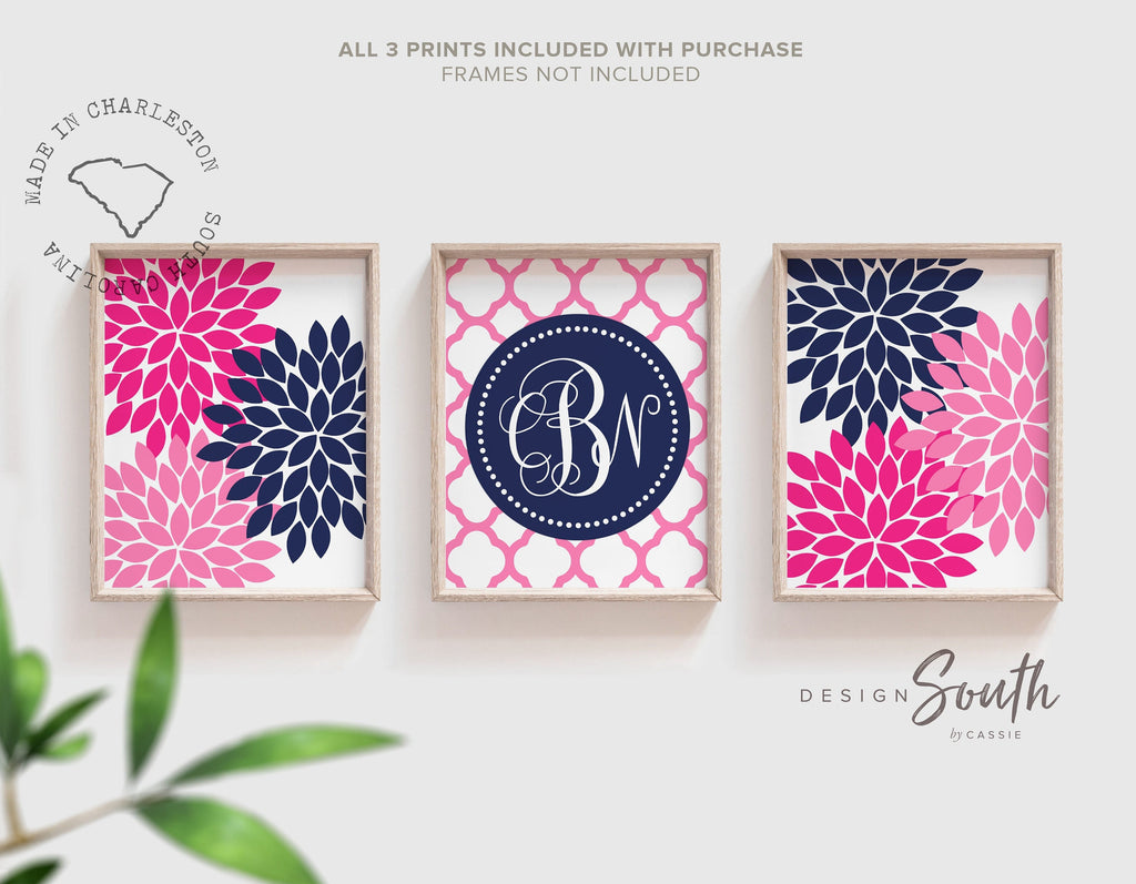 Flower monogram wall decor, girls nursery decor, girls bedroom prints, girls playroom decor, hot pink and navy blue, nursery decor, wall art
