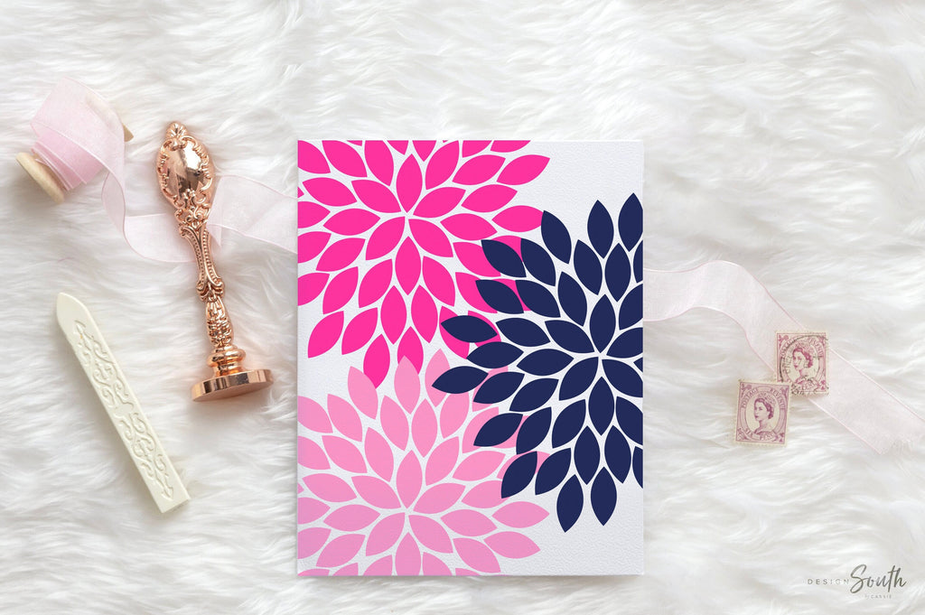 Flower monogram wall decor, girls nursery decor, girls bedroom prints, girls playroom decor, hot pink and navy blue, nursery decor, wall art