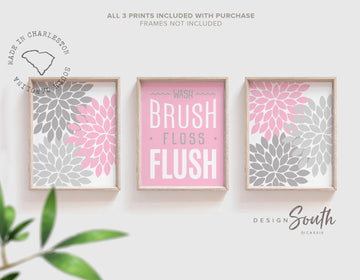 Girl pink and gray bathroom decor, girls wash brush bathroom sign, gray pink girls bathroom, girls flower bathroom, modern bright kids decor