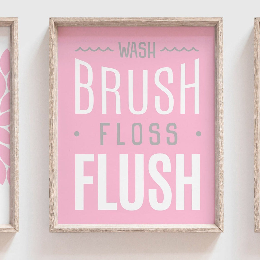 Girl pink and gray bathroom decor, girls wash brush bathroom sign, gray pink girls bathroom, girls flower bathroom, modern bright kids decor