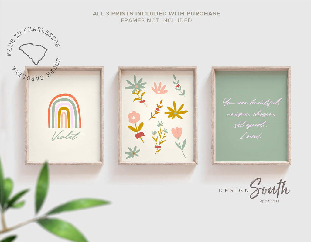 Pink green personalized baby name art, pink floral baby girl nursery art, personalized girl gift, girl&#39;s bedroom wall decor botanical themed