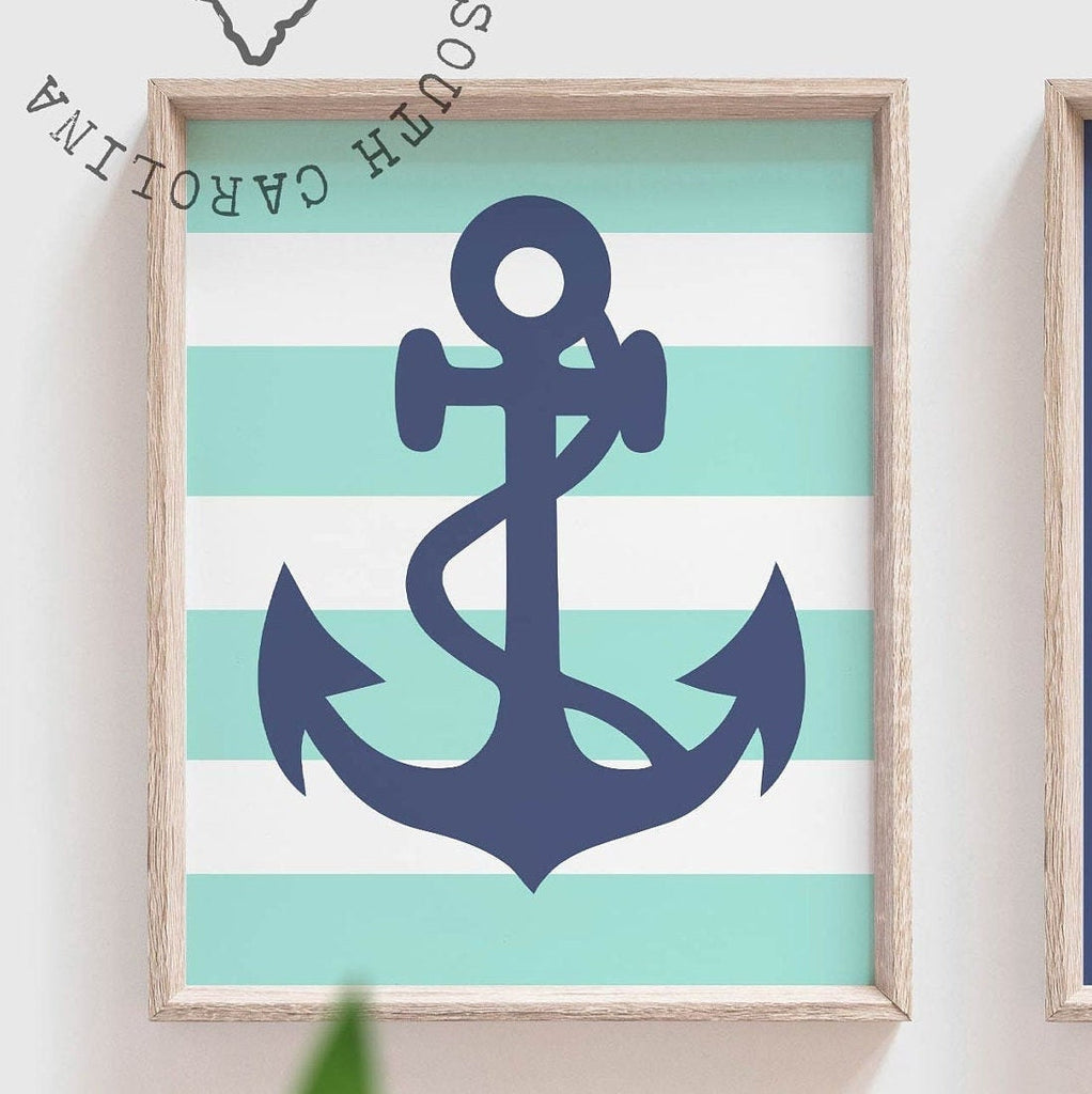 Boys nautical theme anchor ship wheel wall art prints, wall art boys room, personalized name initial art, nautical gift for boy personalized