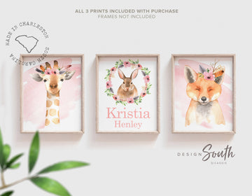 Personalized woodland girl nursery gift, wall art prints woodland girl's bedroom, baby girl nursery decor prints, nursery watercolor animals