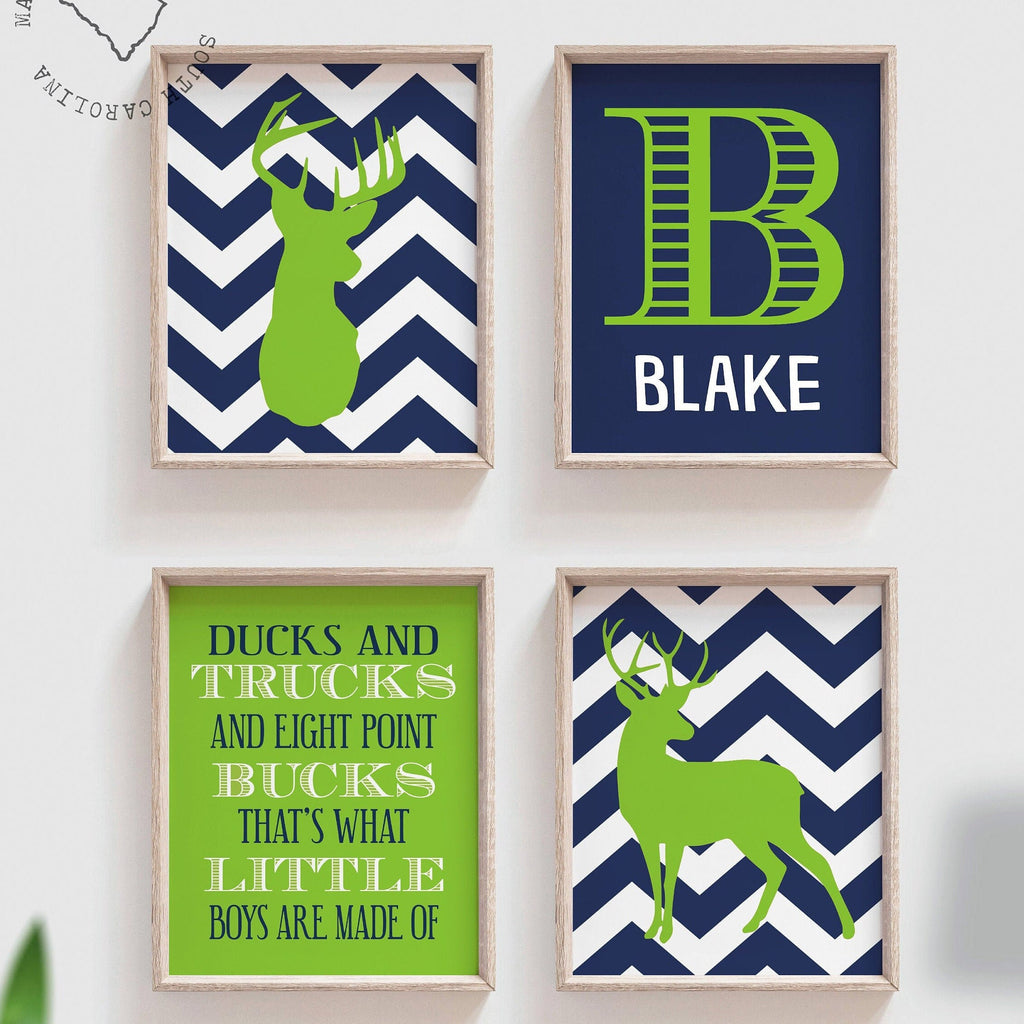 Boys nursery decor, hunting nursery, lime green and navy, personalized print, ducks and trucks, eight point bucks, boys deer nursery decor