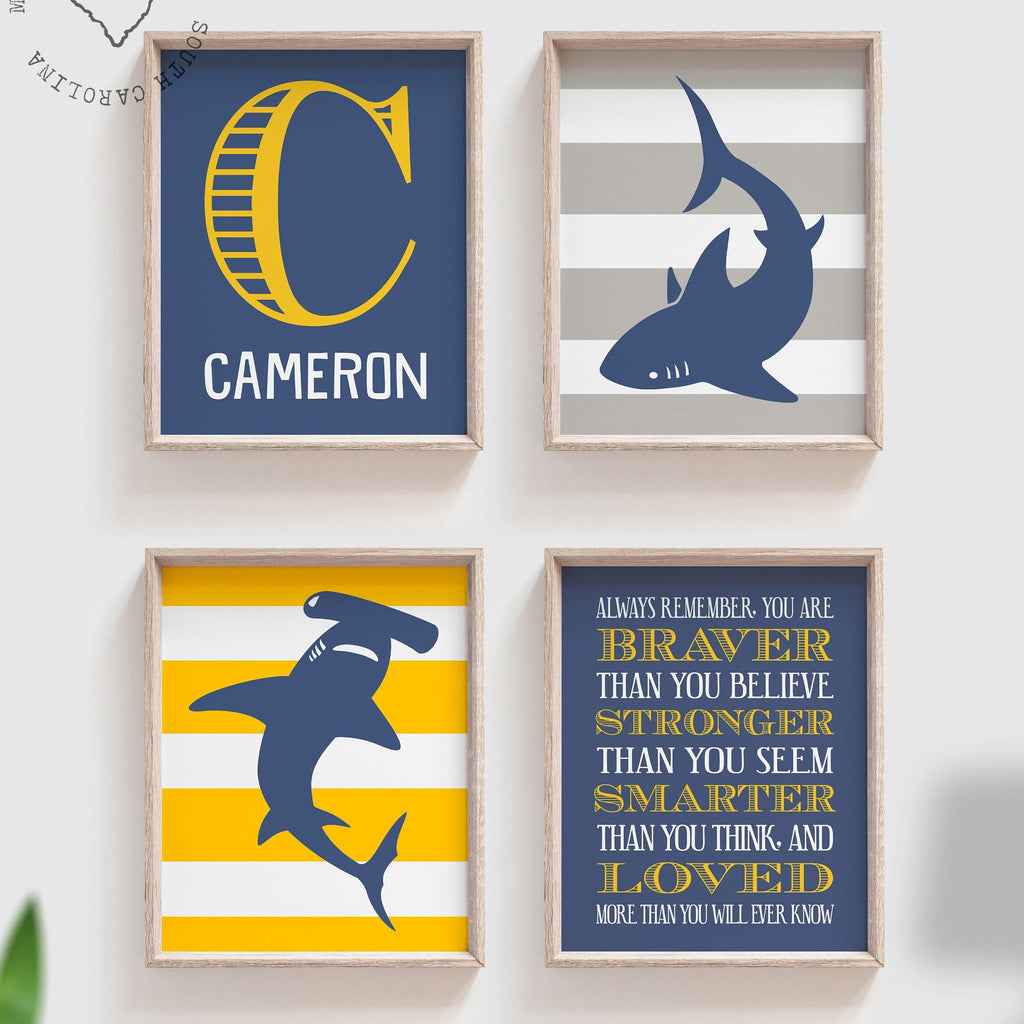 Shark wall art, shark decor, shark art room decor, shark nursery art set of 4 shark prints, striped sharks, baby boy shark decor monogrammed