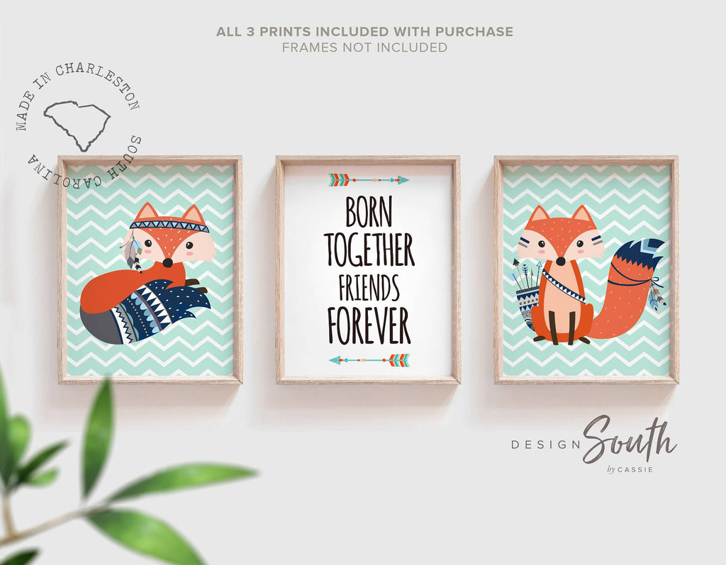 Born together friends forever twin nursery quote, nursery quote twins art, twin nursery decor, twin nursery art, twins woodland, fox theme