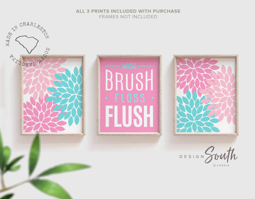 Girl bathroom, pink teal bathroom prints for girls, pink bathroom wall art, pink and teal bathroom decor, pink and teal art girls bathroom