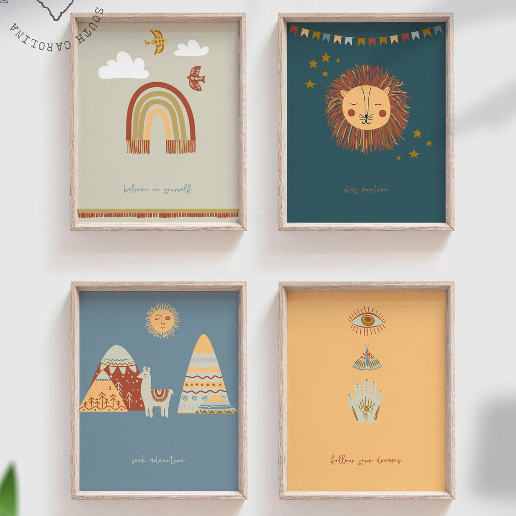 Animal nursery decor, teal blue nursery rainbow boho themed wall art, unisex nursery, gender neutral nursery wall decor, baby neutral art