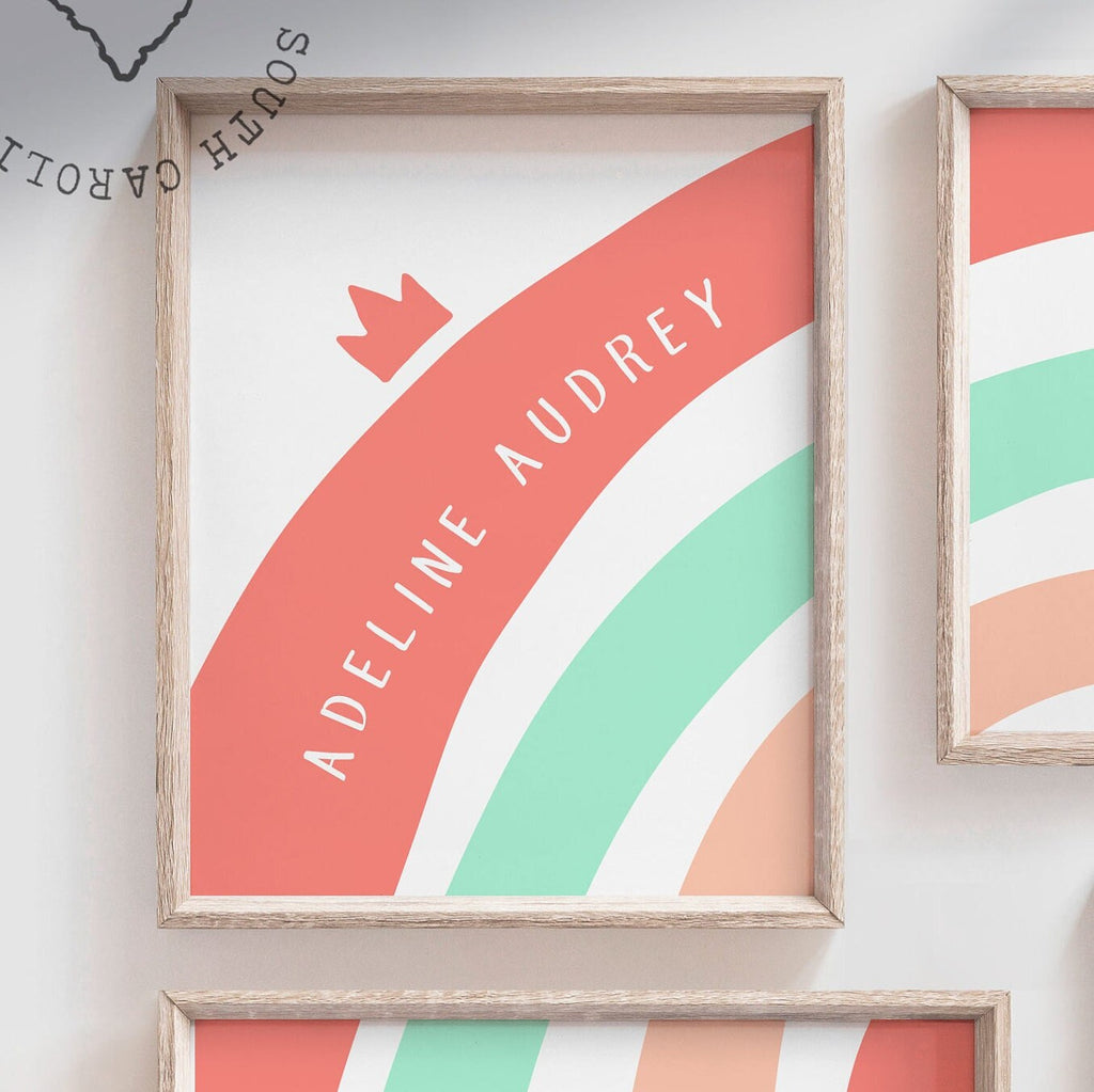 Baby girl coral mint gold rainbow decor, coral and mint art, coral nursery, baby girl rainbow gold, girls playroom ideas, nursery art coral