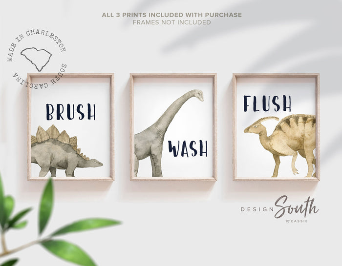 Neutral Dinosaur Bathroom Decor — Wash, Brush, Flush Prints