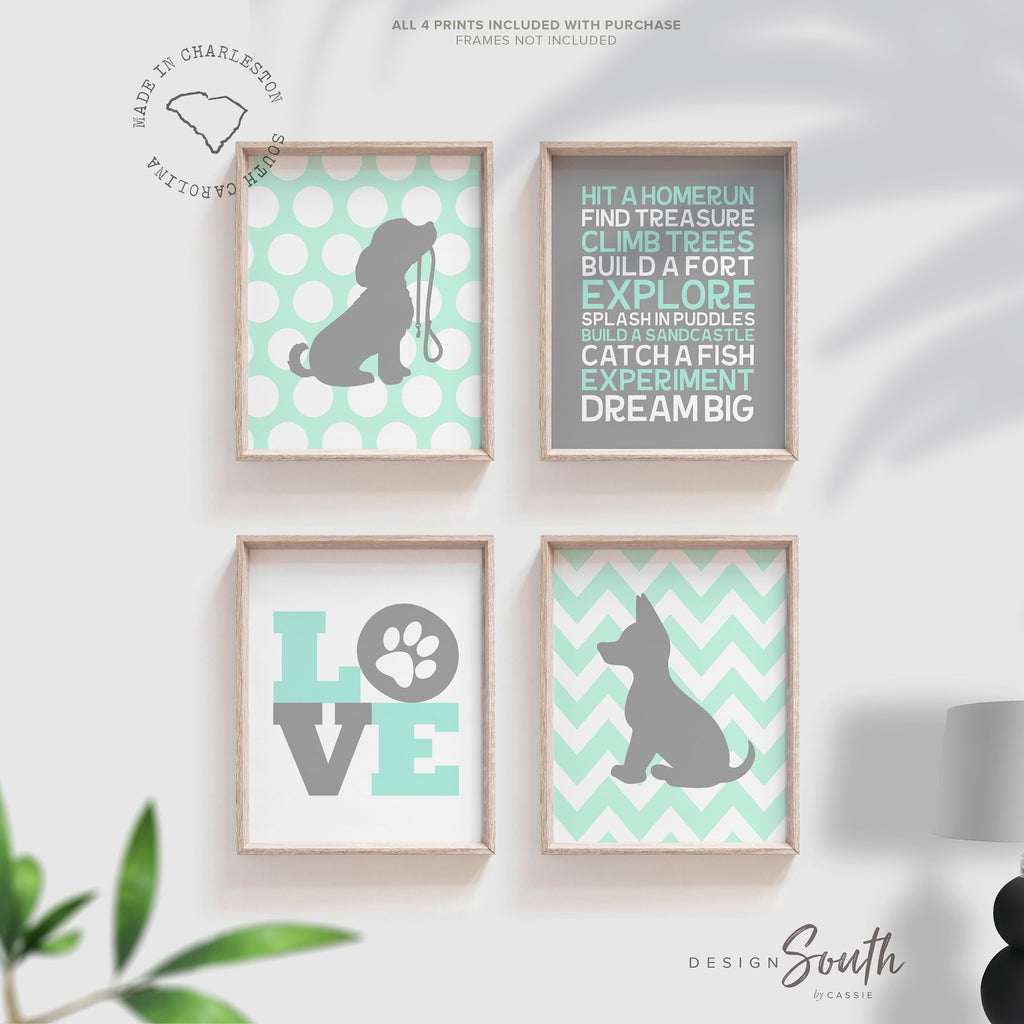 Baby boys nursery decor, puppy dog decor, mint green puppy art, puppy nursery, puppy dog nursery theme, boys dog nursery decor wall art mint