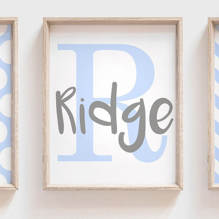 Dinosaur decor, dinosaur nursery wall art boy, baby blue and gray dinosaurs, baby boy wall art customized name, monogram dinosaur theme art