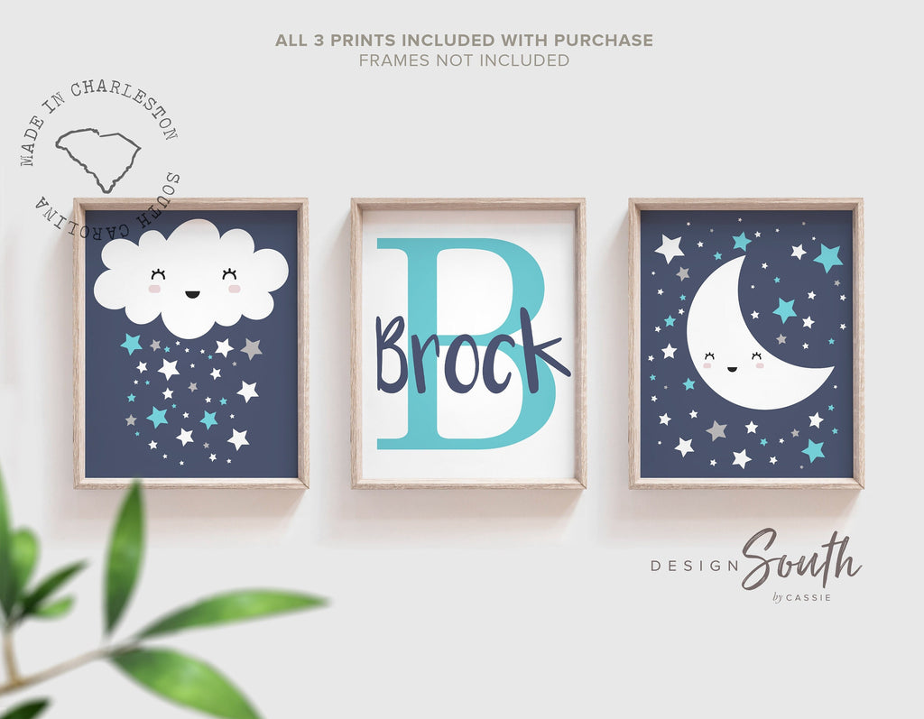 Prints for baby boy nursery, personalized name, cloud nursery, moon star, boys nursery decor, wall art for baby boys room, baby boy nursery