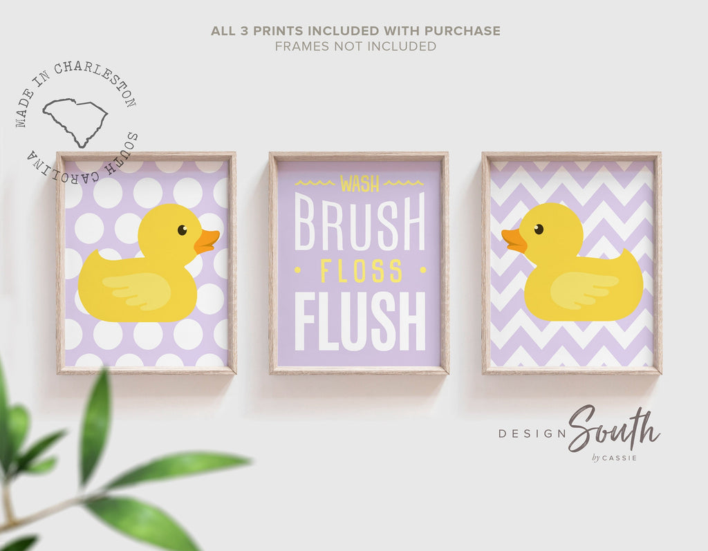 Girls bathroom decor lilac, yellow rubber duck bathroom wall art prints, wash brush floss flush, purple and yellow bathroom, baby bathroom