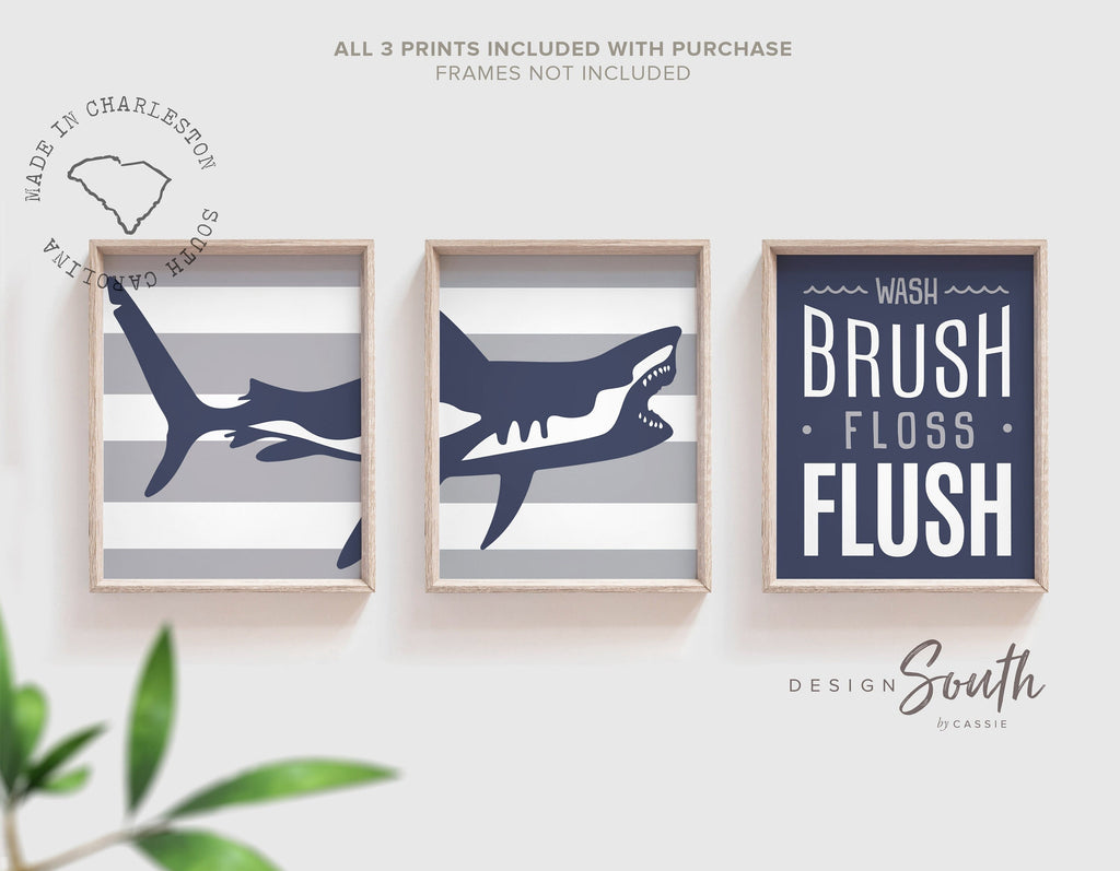 Shark bathroom decor, boys shark bathroom, boys bathroom wall art idea, shark gift for boy, shark theme bathroom, wash brush floss navy gray