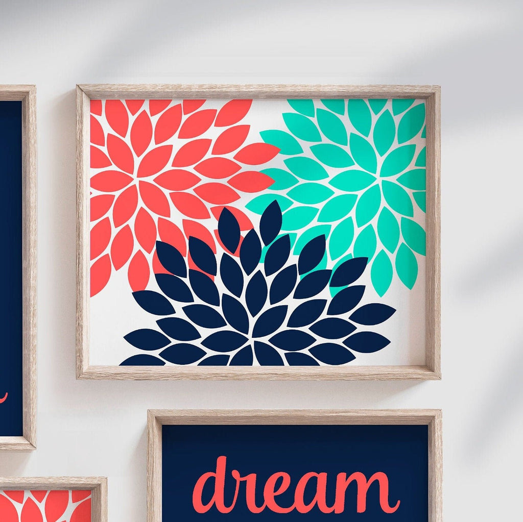 Girls nursery decor, monogram decor, navy blue coral and mint, girls room dream big quote, inspirational quote for girls, girls nursery art