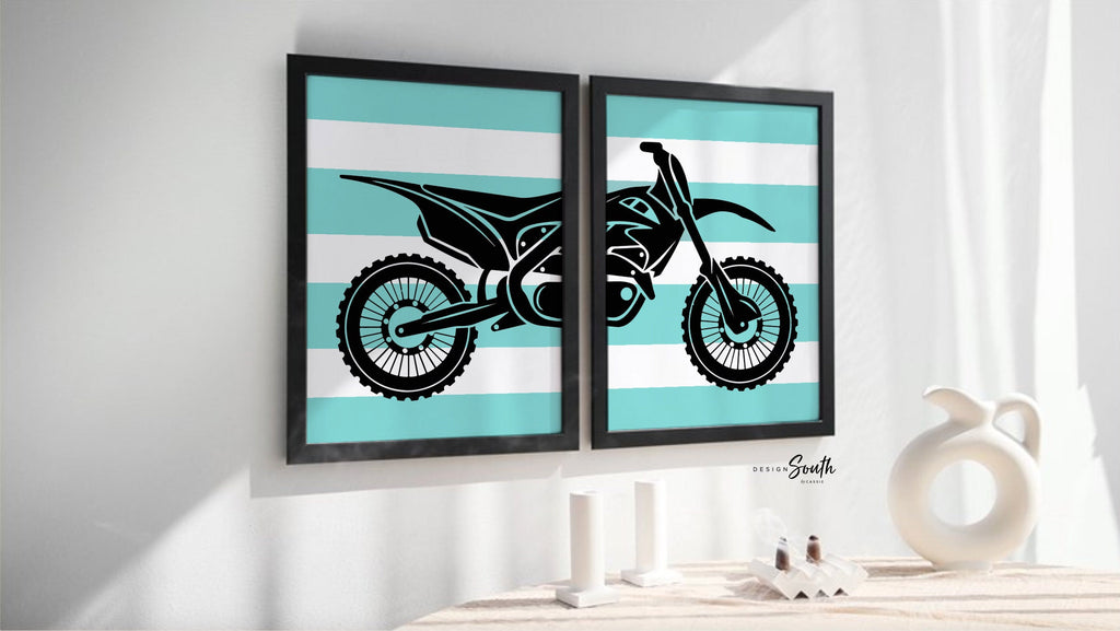 Boys black dirt bikes bedroom decor, motocross bedroom wall art for boys, customized bedroom art boys dirt bikes, black aqua dirt bike name