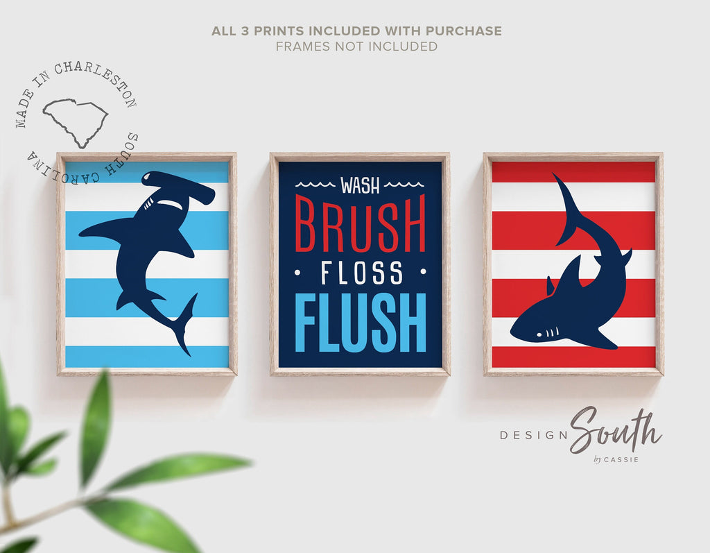 Little boy bathroom decor, red and blue sharks, wash brush floss flush, boy bathroom sign, bathroom print, shark bathroom theme boy red blue