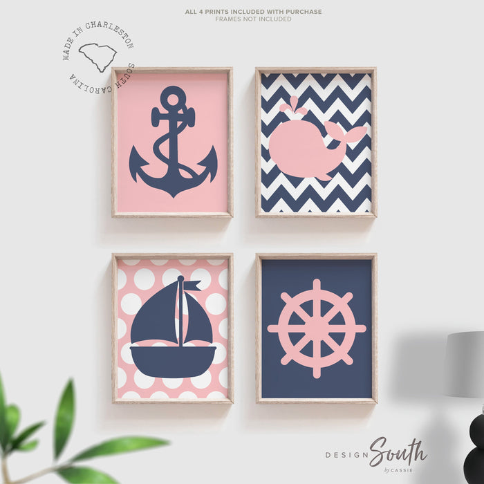 Pink & Navy Nautical Nursery Decor — Girls' Whale & Sailboat Prints
