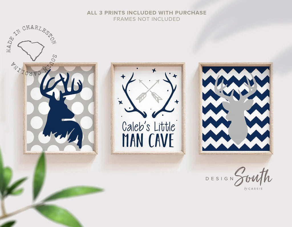 Deer boys room decor, buck deer prints, navy blue gray, boys name art, little man cave, kids hunting, baby boy deer wall art, deer theme art