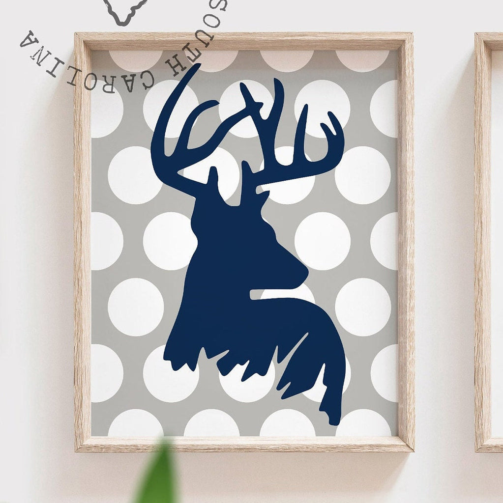 Deer boys room decor, buck deer prints, navy blue gray, boys name art, little man cave, kids hunting, baby boy deer wall art, deer theme art