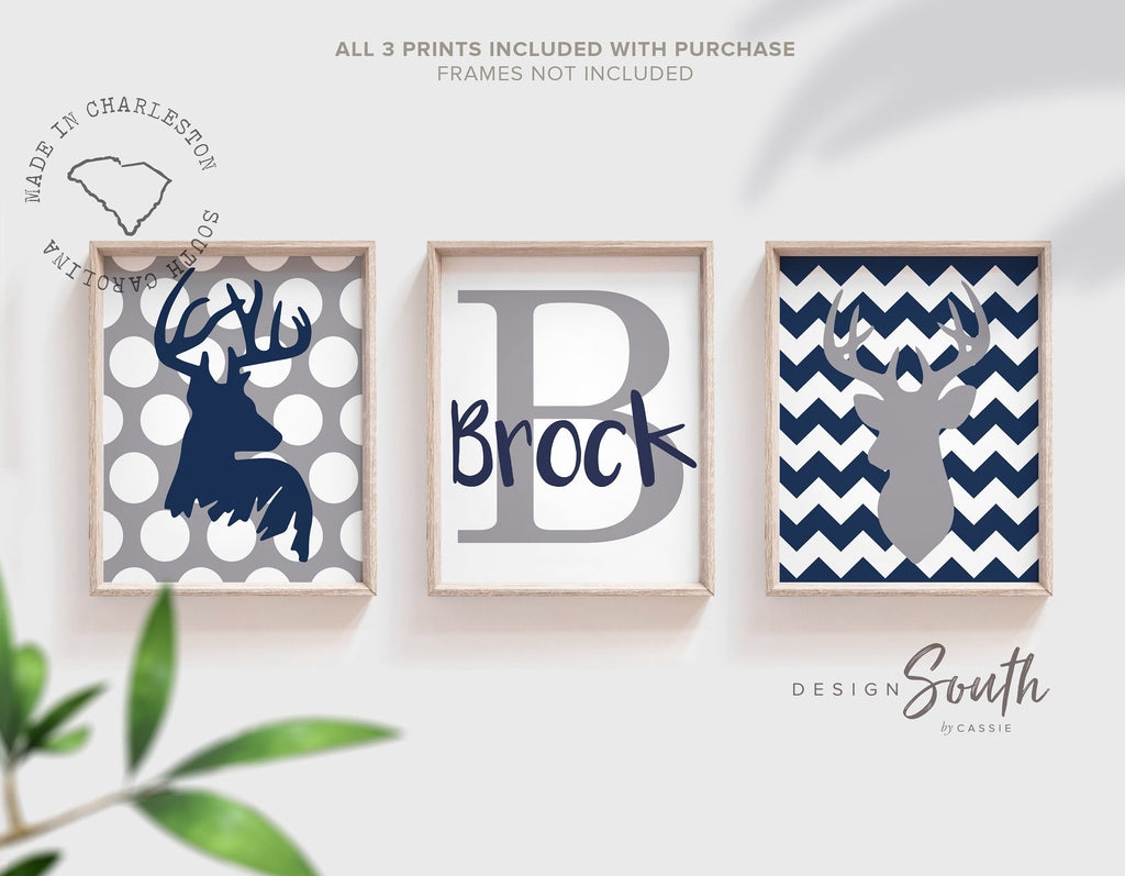 Deer nursery wall art, navy blue and gray deer nursery art for baby boy, woodland deer nursery art, deer wall decor, boy deer, deer pictures