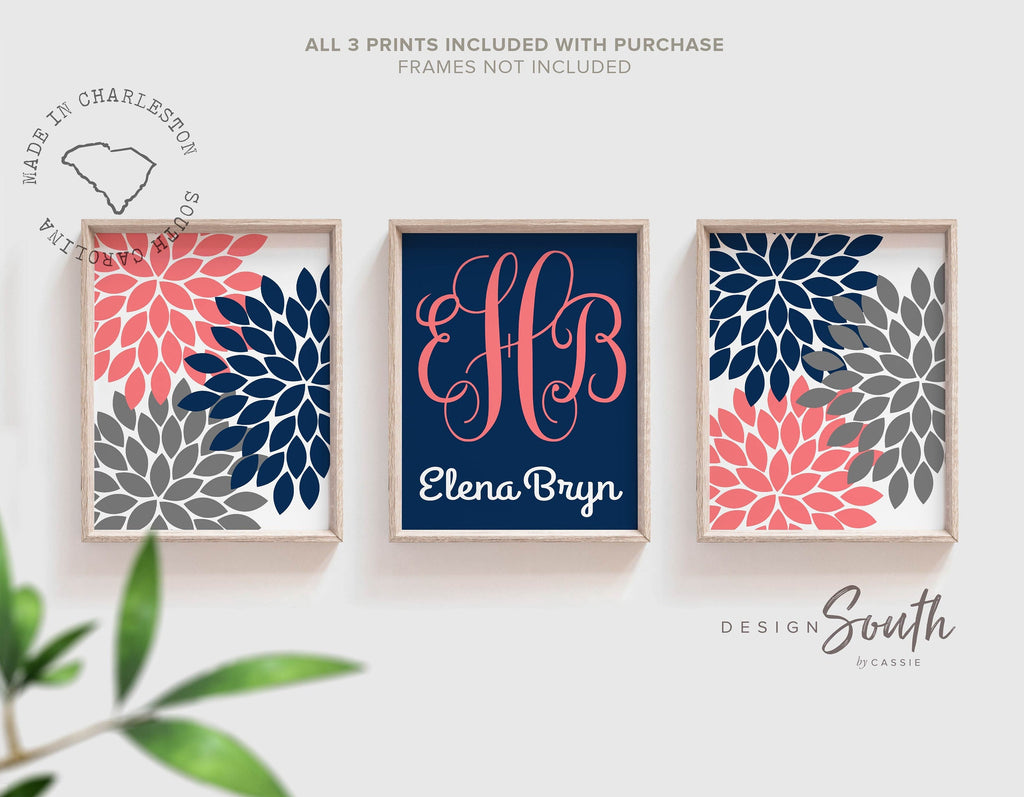Girls bedroom wall decor floral, navy gray coral monogrammed wall art prints for girl, personalized nursery art girls name, baby shower gift