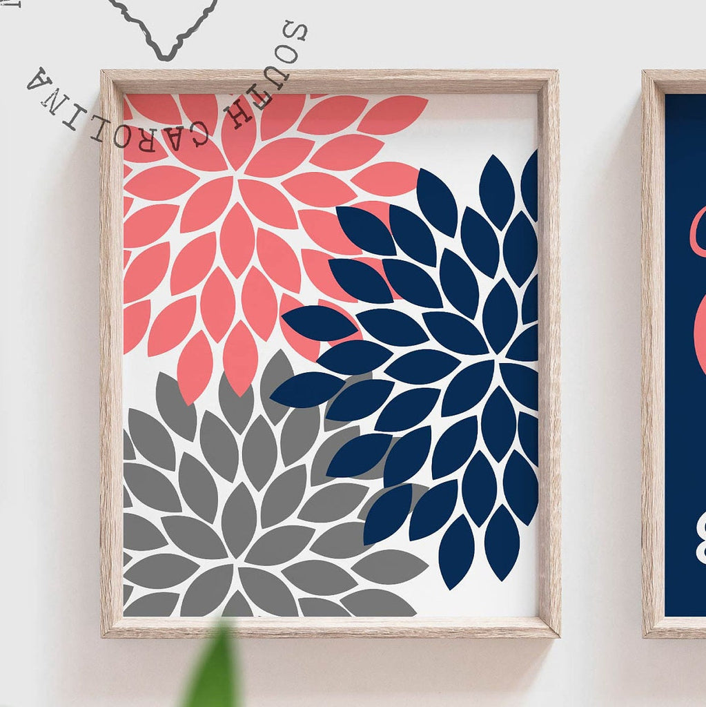 Girls bedroom wall decor floral, navy gray coral monogrammed wall art prints for girl, personalized nursery art girls name, baby shower gift