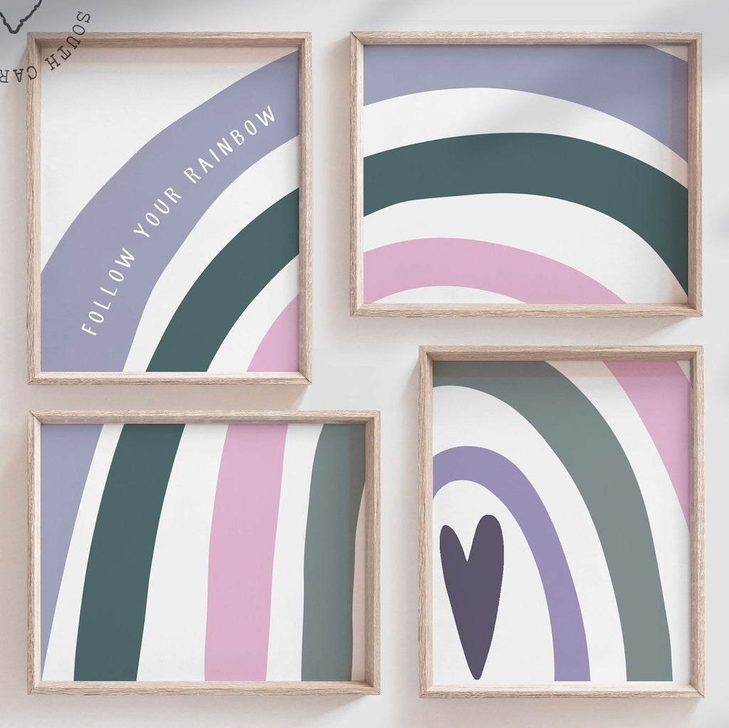 Purple and dark green decor for girls, purple green shades nursery decor, girls heart rainbow quote nursery decor, muted rainbow theme decor