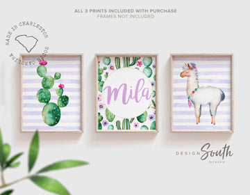 Llama girl artwork, llama gift for girl, alpaca baby gift, purple nursery wall art, llama art print, succulents, alpaca decor, llama lover